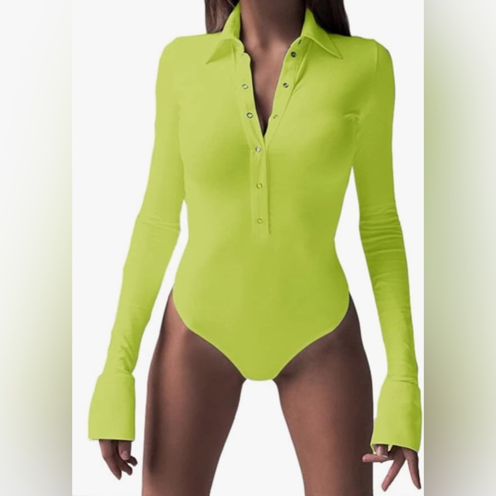 Long Sleeve Turn Down Button Collar Bodycon Bodysuit